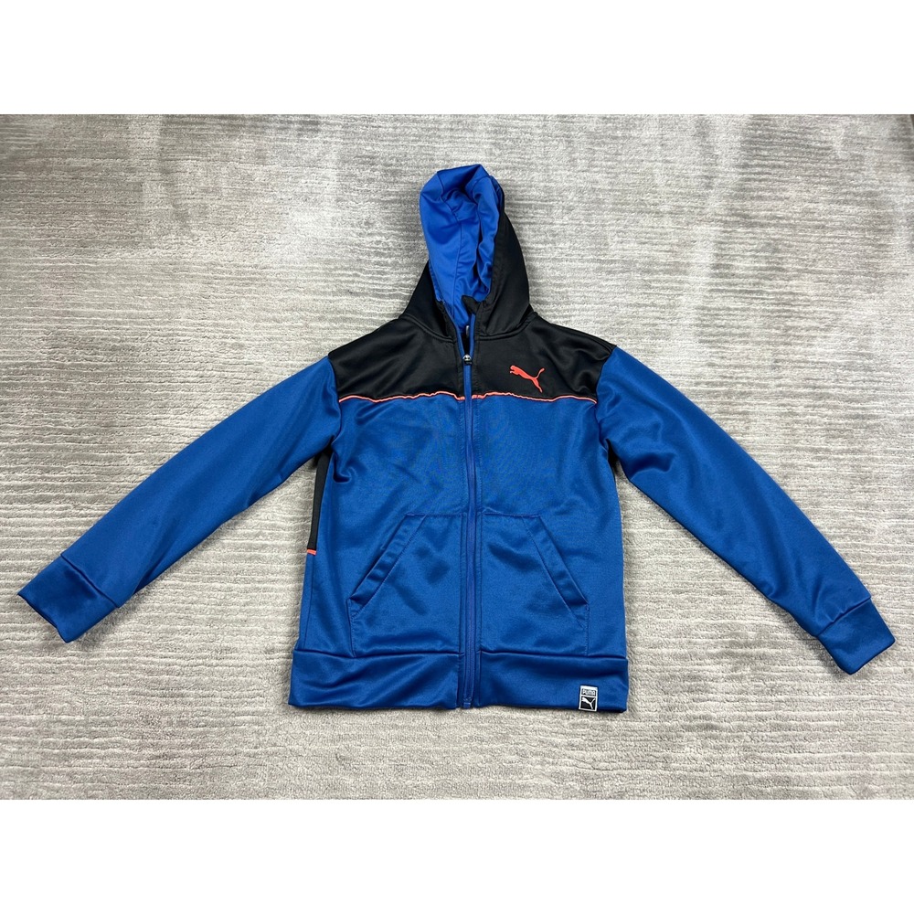 Puma Hoodie Boys Small 8 Blue Black Full Zip Back Logo Athletic Track Jacket